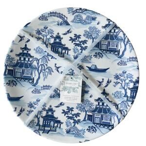 Shabby Chic Melamine Chinoiserie Dinner Plates 11" Blue White Willow Set 3 NEW
